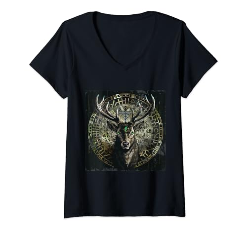 Damen Wikinger Hirsch Eikthyrnir Vikings Runen Valhalla Kelten T-Shirt mit V-Ausschnitt Damen Wikinger Hirsch Eikthyrnir Vikings Runen Valhalla Kelten T-Shirt mit V-Ausschnitt von Wikinger Skull Runen Nordmann Kelten Valhalla