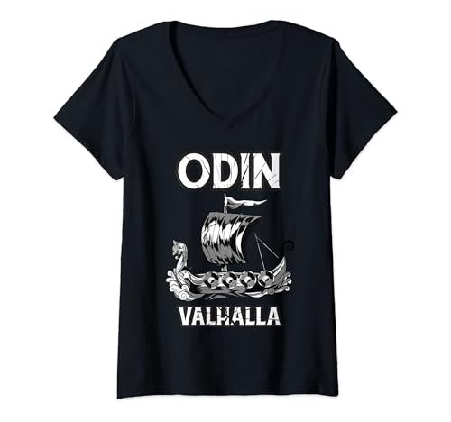 Damen Odin Walhalla Wikingerschiff T-Shirt mit V-Ausschnitt von Wikinger-T-Shirts und Geschenke