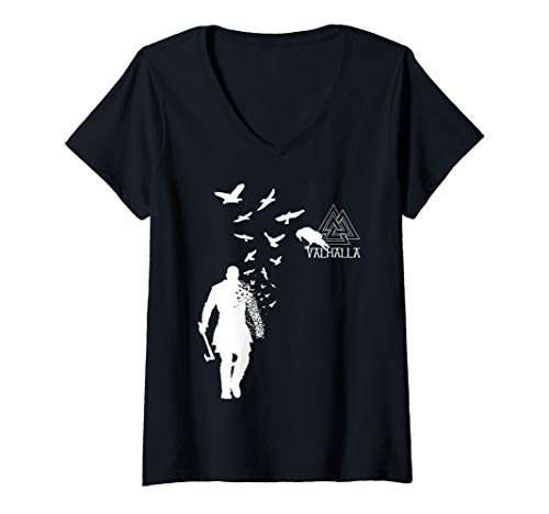 Damen Wikinger Ragnar Lothbrok Walhalla Odin Raben T-Shirt mit V-Ausschnitt Damen Wikinger Ragnar Lothbrok Walhalla Odin Raben T-Shirt mit V-Ausschnitt von Wikinger XeirePrint