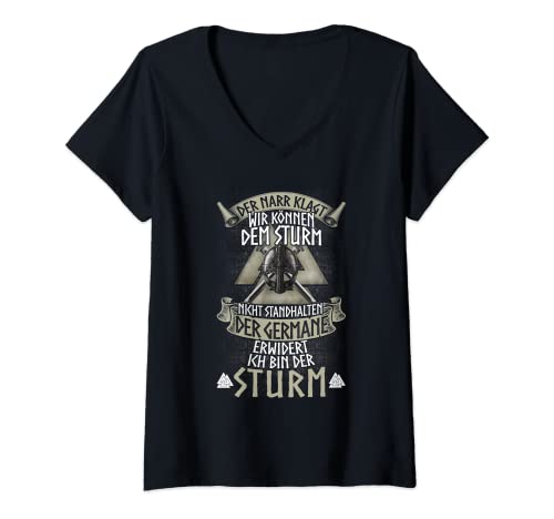 Damen Ich bin der Sturm Wikinger Kleidung Germanen Spruch Wikinger T-Shirt mit V-Ausschnitt Damen Ich bin der Sturm Wikinger Kleidung Germanen Spruch Wikinger T-Shirt mit V-Ausschnitt von Wikinger und Germanen Kleidung