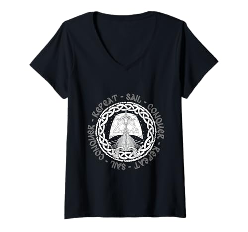 Damen Wikinger Heidnische Kultur Sail Conquer Repeat T-Shirt mit V-Ausschnitt Damen Wikinger Heidnische Kultur Sail Conquer Repeat T-Shirt mit V-Ausschnitt von Wikingermythologie Heidnische Nordische Mythologie