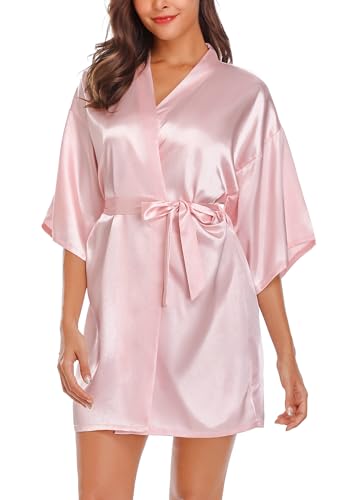 Wikoan Bademantel Damen Kimono Robe Kurzer Satin Morgenmantel Mit Gürtel V-Ausschnitt Kimono Bademäntel Bathrobe A-Rosa XL von Wikoan