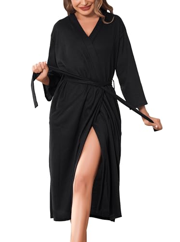 Wikoan Damen Bademantel Unisex Bademantel Leichter Morgenmantel WaffelPique Kimono V-Ausschnitt Morgenmantel für Spa Zuhause und Sauna Schwarz M von Wikoan
