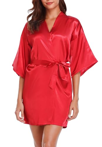 Wikoan Bademantel Damen Satin Morgenmantel Kurz Kimono Robe Mit Gürtel Bademäntel Leichte Nachtwäsche Bathrobe Sexy V-Ausschnitt A-Weinrot XXL von Wikoan