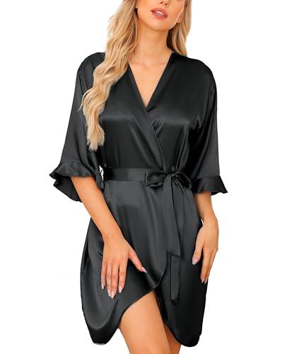 Wikoan Satin Bademantel Kimono Damen Satin Morgenmantel für Frauen Mit Gürtel V-Ausschnitt Hochzeit Braut Pyjama Party Schwarz L von Wikoan