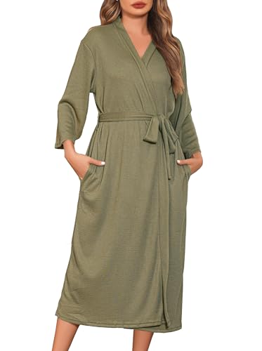 Wikoan Waffel Bademantel Damen Leicht Morgenmantel Lang Reisebademantel Musselin Bademantel Damen Kimono für Spa Sauna und Zuhause Armee Grün M von Wikoan