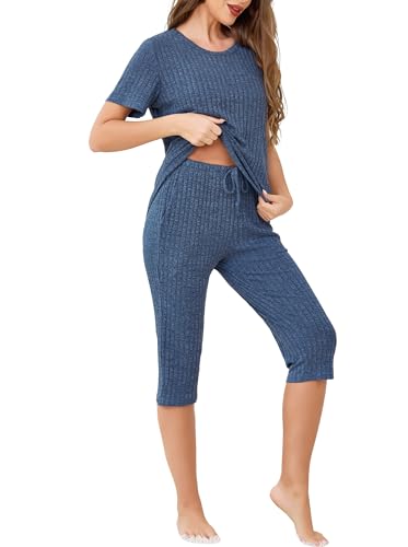 Wikoan Capri Schlafanzug Damen Pyjama Set Kurzarm Top mit Pyjamahose 3/4 Zweiteiliger Shorty Nachtwäsche Damen Schlafanzüge Sommer Dunkelblau M von Wikoan