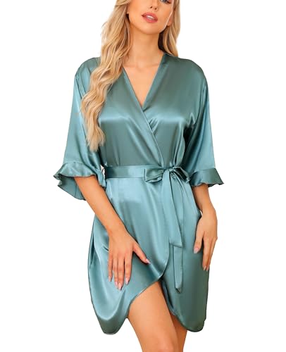 Wikoan Damen Satin Bademantel Leichter 3/4 Ärmeln Morgenmantel V-Ausschnitt Kimono Robe mit Gürtel Nachtwäsche Kimono Grau-grün M von Wikoan