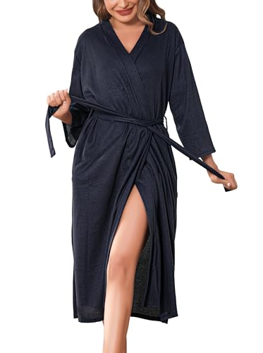 Wikoan Damen Bademantel Unisex Bademantel Leichter Morgenmantel WaffelPique Kimono V-Ausschnitt Morgenmantel für Spa Zuhause und Sauna Marineblau M von Wikoan