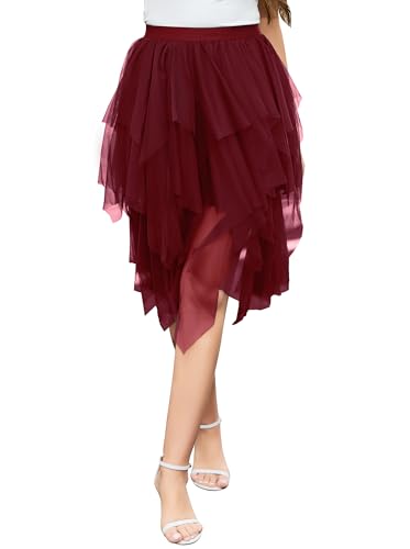 Wikoan Damen Faltenrock Tüllrock Asymmetrisch Röcke Kurzer Skater Röcke Midirock Hoher Taillierter Layered Puffy Fee Rock A-Linie Sommerrock Weinrot XL von Wikoan