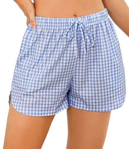 Wikoan Damen Karierte Schlafanzughose Weich Pyjamahose Freizeit Hose Kurz Sporthose mit Taschen und Kordelzug Schlafshorts Himmelblau L von Wikoan