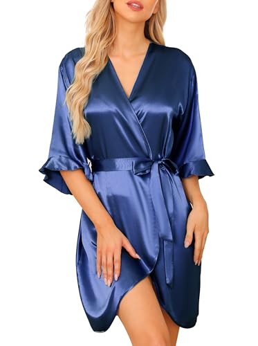 Wikoan Damen Kimono Morgenmantel Satin 3/4 Ärmeln Bademantel Kimono Robe mit Gürtel V-Ausschnitt Nachtwäsche Sommer Hellblau XXL von Wikoan