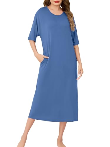 Wikoan Damen Kurzarm Nachthemd Große Größen Nachthemden Lang Rundhals Sommer Nachtwäsche Sleepshirt Kurzarm mit Taschen Schlafkleid Blau XXL von Wikoan