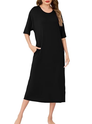 Wikoan Damen Kurzarm Nachthemd Große Größen Weich Nachthemden Lang mit Tasche Lässiges Maxi Lounge Kleid Nachtwäsche Sommer Schwarz XXL von Wikoan
