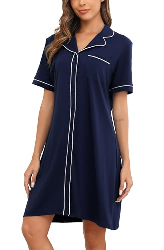 Wikoan Damen Kurzarm Nachthemd Sommer Nachtwäsche Baumwolle Nachthemden Kurz Schlafshirt Schlafhemd T-Shirt Sleepshirt Marine Blau L von Wikoan