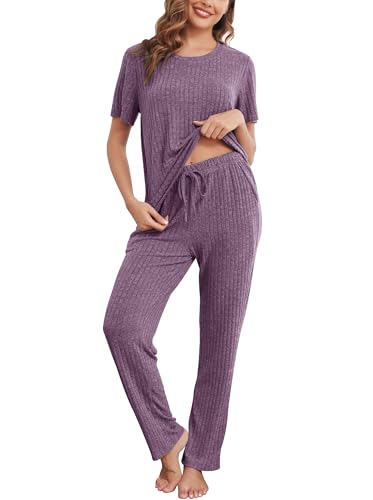 Wikoan Damen Kurzarm Schlafanzug Zweiteiler Pyjama Rippenstrick Schlafanzüge Für Damen Nachtwäsche Top und Lang Pyjamahosen Dunkelviolett XXL von Wikoan