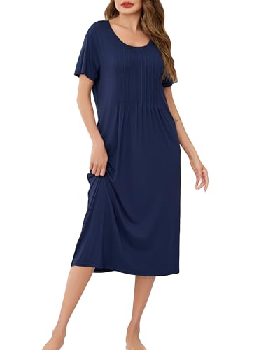 Wikoan Damen Lang Nachthemd Kurzarm Nachthemden Sommer Große Größen Nachtkleid Plissierte Brust Nachthemd Lässige Nachtwäsche mit Taschen Marineblau S von Wikoan