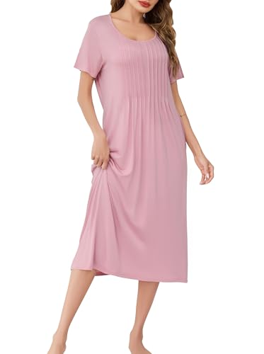 Wikoan Damen Lang Nachthemd Kurzarm Nachthemden Sommer Große Größen Nachtkleid Plissierte Brust Nachthemd Lässige Nachtwäsche mit Taschen Rosa S von Wikoan