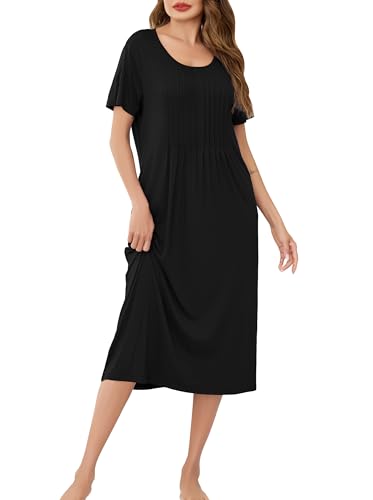 Wikoan Damen Lang Nachthemd Kurzarm Nachthemden Sommer Große Größen Nachtkleid Plissierte Brust Nachthemd Lässige Nachtwäsche mit Taschen Schwarz S Wikoan Damen Lang Nachthemd Kurzarm Nachthemden Sommer Große Größen Nachtkleid Plissierte Brust Nachthemd Lässige Nachtwäsche mit Taschen Schwarz S von Wikoan