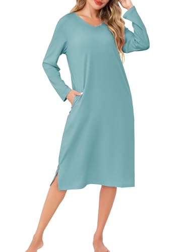 Wikoan Damen Lang Nachthemd Langarm Nachtwäsche Winter mit Taschen Weiche Nachthemd Baumwolle Schlafshirt Sleepshirt Schlafhemd Hellgrün XXL von Wikoan
