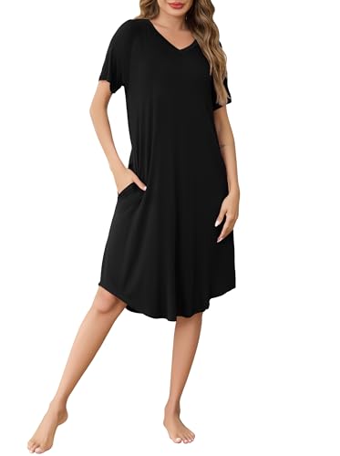 Wikoan Damen Lang Nachthemd V-Ausschnitt Nachtkleid Nachthemden Schlafshirt Damen Kurzarm Stillnachthemd Lounge Kleid mit Taschen Schwarz L von Wikoan