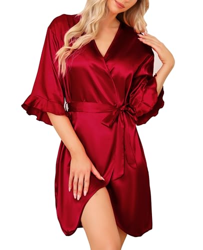 Wikoan Damen Satin Morgenmantel Leicht Bademantel Satin Sexy Kimono Kurz Robe mit Gürtel Bademäntel für Braut Nachtwäsche Burgunderrot XL von Wikoan