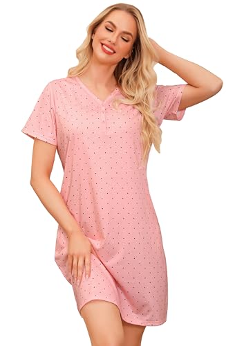 Wikoan Damen Nachthemd Baumwolle Schlafshirt Sommer Nachtwäsche Frauen Schlafhemd Kurzarm Nachtkleid mit Taschen Sleepshirt Rosa Punkt XL von Wikoan