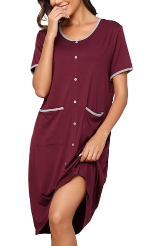 Wikoan Damen Nachthemd Kurzarm Elegant Schlafshirt mit Zwei Taschen Nachtwäsche mit Knopfleiste Sommer Schlafkleid Stillnachthemd Weinrot XL von Wikoan