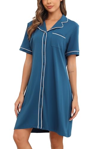 Wikoan Damen Nachthemd Kurzarm Nachtkleid Baumwolle Nachtwäsche V-Ausschcnitt Negligee Weich Stillnachthemd Kobalt Blau XXL von Wikoan
