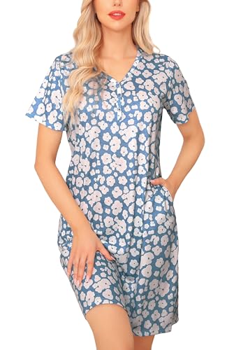 Wikoan Damen Nachthemd Kurzarm Nachtkleid T-Shirt Sleepwear Schlafhemd mit Zierknöpfen Sommer Nachtwäsche Nachthemden Schlafshirt Blauer Punkt L von Wikoan