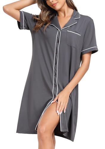 Wikoan Damen Nachthemd Kurzarm Nachtwäsche Baumwolle Negligees Schlafhemd Kurz Schlafshirt Sommer T-Shirt Sleepshirt Dunkelgrau XXL von Wikoan