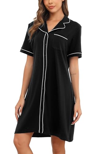 Wikoan Damen Nachthemd Kurzarm Sommer Nachtwäsche Nachthemden Baumwolle Nachtkleid T-Shirt Sleepwear Schlafhemd Schwarz XXL von Wikoan