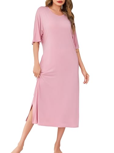Wikoan Damen Nachthemd Lang Nachthemden Große Größen Sleepshirt Kurzarm Oversize Loungewear Sommer Nachtwäsche Frauen mit Taschen Rosa XL von Wikoan