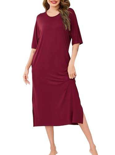 Wikoan Damen Nachthemd Lang Weiche Nachthemd Große Größen Nachthemden Sommer Loungewear Sleepshirt Kurzarm mit Taschen Burgunderrot XXL von Wikoan