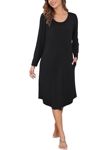Wikoan Damen Nachthemd Langarm Elegant Sleepshirt Weich Schlafkleid Lange Nachthemden Hauskleid Nachtkleid Sleepwear mit Seitentaschen Schwarz L von Wikoan