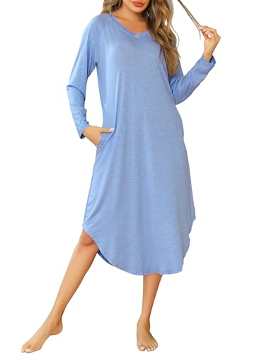 Wikoan Damen Nachthemd Langarm Schlafshirt Lang Winter Schlafhemd V-Ausschnitt Stillnachthemd Sleepshirt Weiche Nachtwäsche Baumwolle mit Taschen Hellblau XXL von Wikoan