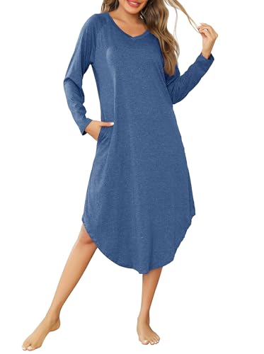 Wikoan Damen Nachthemd Langarm Schlafshirt Lang Winter Schlafhemd V-Ausschnitt Stillnachthemd Sleepshirt Weiche Nachtwäsche Baumwolle mit Taschen Kobaltblau L von Wikoan