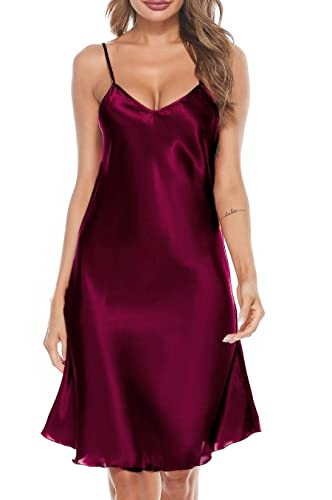 Wikoan Damen Nachthemd Sexy Babydoll Negligee Satin V-Ausschnitt Nachtkleid Sommer Nachtwäsche Kurz mit Verstellbare Träger A-Weinrot XXXL von Wikoan