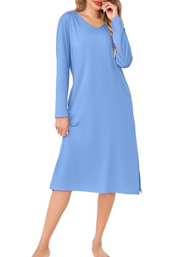 Wikoan Damen Nachthemden Langarm Baumwolle Sleepshirt Winter Nachthemd für Damen Lang Schlafshirt Nachtwäsche mit Taschen Blau XXL von Wikoan