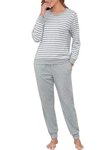 Wikoan Damen Pyjama Baumwolle Warmer Schlafanzug Langarm Herbst Winter Nachtwäsche Zweiteiliger Gestreift Pyjama Set mit Bündchen Grau L von Wikoan