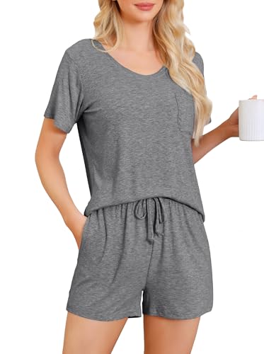 Wikoan Damen Pyjama Kurz Schlafanzug Kuschelig Loungewear Zweiteiliger Sommer Nachtwäsche Damen Set Schlafanzüge und Pyjamas Dunkelgrau M von Wikoan
