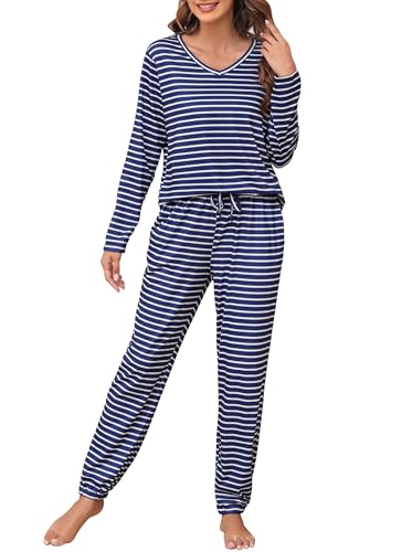 Wikoan Damen Pyjama Lang Baumwolle Warmer Schlafanzug Winter Gestreift Nachtwäsche Zweiteiliger V-Ausschnitt Pyjama Set Dunkelblauweiß XXL von Wikoan