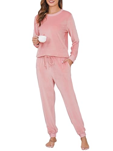 Wikoan Damen Pyjama Lang Schlafanzug Winter Zweiteiliger Pyjama Set Langarm Nachtwäsche Set Schlafanzüge Damen Frottee Rosa S von Wikoan