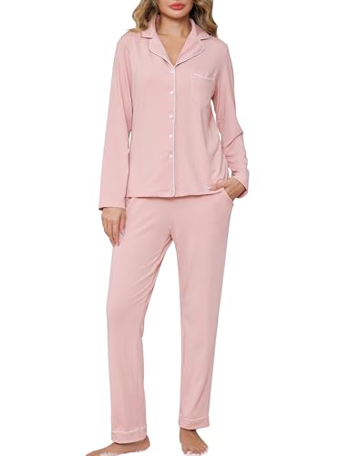 Wikoan Damen Pyjama Lang Zweiteiliger Still Schlafanzug mit Knöpfen V-Ausschnitt Nachtwäsche Set für Frauen Hausanzug Winter Freizeitanzug Rosa L von Wikoan