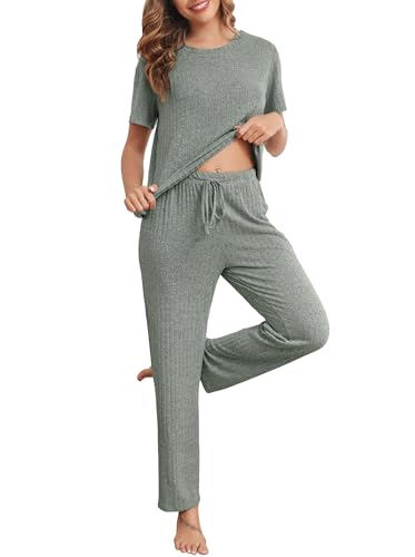 Wikoan Damen Pyjama Rippenstrick Schlafanzug Kurzarm Top mit Lang Schlafhose Zweiteiliger Schlafanzüge Nachtwäsche Pyjama Set Hellgrün S von Wikoan