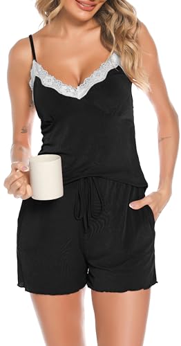 Wikoan Damen-Pyjama-Set, Spitze, Camisole und Shorts, weicher V-Ausschnitt, Nachtwäsche, Nachtwäsche, Schwarz, M von Wikoan