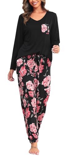 Wikoan Damen Pyjama Set Lang Schlafanzug Warm Zweiteiler Lounge Set Kuscheling Schlafanzüge Langarm Loungewear Set C-Schwarz/Blume Hosen L von Wikoan