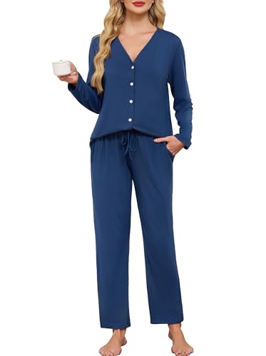 Wikoan Damen Pyjama Winter Schlafanzug Lang mit Knopfleiste Warmer Schlafanzüge Damen Baumwolle Zweiteiliger Pyjama Sets Nachtwäsche Kobaltblau M von Wikoan