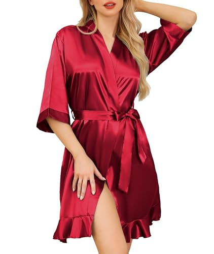 Wikoan Damen Satin Bademantel Weich Morgenmantel Seide Leicht Kimono Braut V-Ausschnitt Morgenmantel für Spa Haus und Hotel Weinrot M von Wikoan