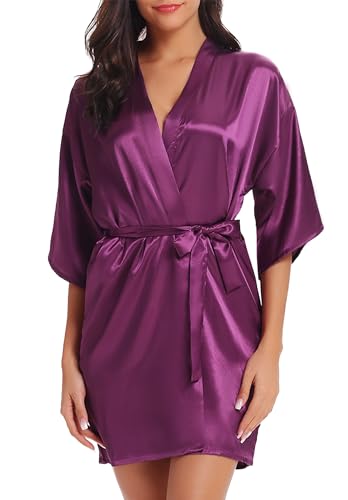 Wikoan Damen Bademantel Kurz Kimono Robe Seide Mit Gürtel Satin Morgenmantel Leichte Bademäntel V-Ausschnitt Bathrobe Sexy Dunkelviolett XXL von Wikoan